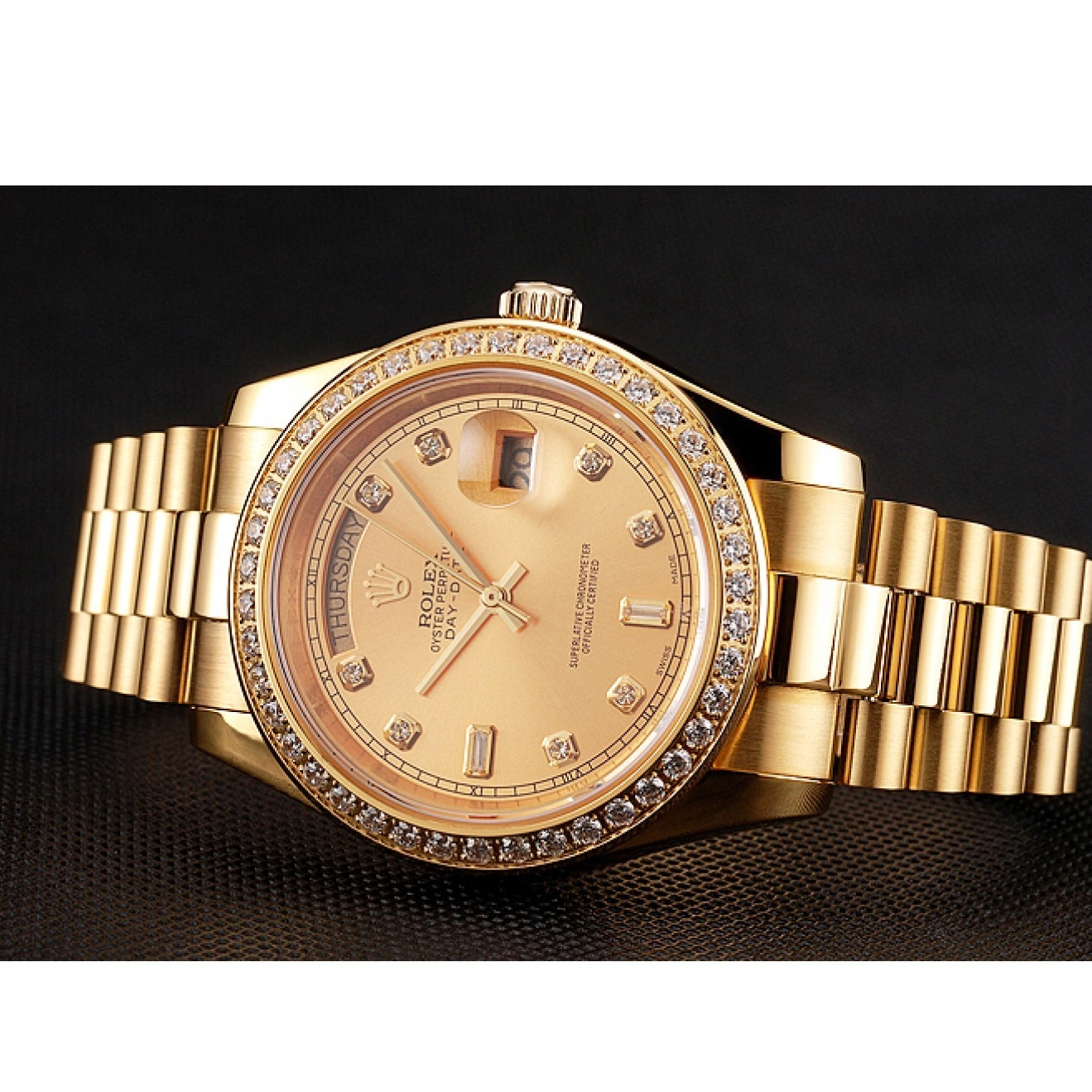 Aaa replica watch Champagne Rolex Gold Dial Day-Date Bezel Diamond Bracelet Swiss 1454099 0623